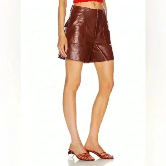 Rare! Ganni 100% lamb leather burgundy high waisted shorts sz 36 FR US 4 fall - Picture 2 of 14